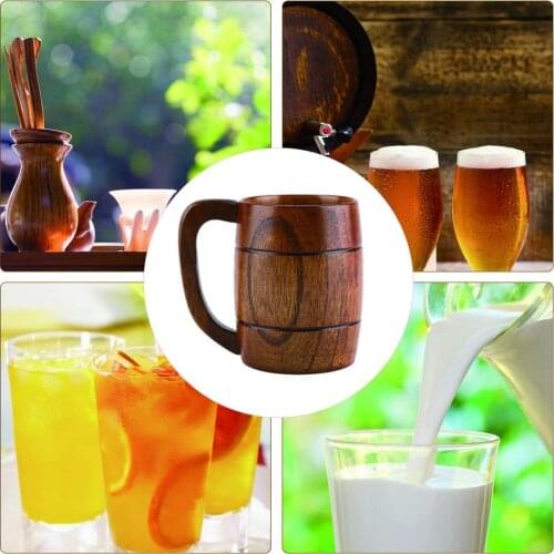 Natural Wooden Beer Cup Retro Large Capacity Tea Water Rustic Wood Drinking Coffee Mug with Handle Drinkware