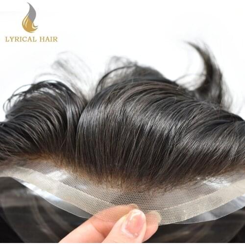 French Lace Front Mens Toupee Fine Mono Hair System Human Hairpiece Invisible Hairline Clear Poly Skin Replacement for Men