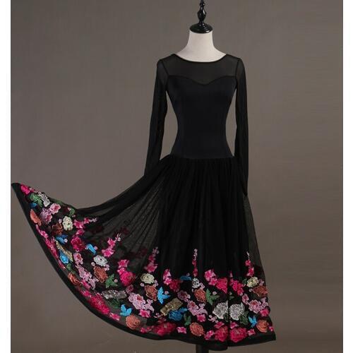 Modern Ballroom Dance Dress Performance Competition Clothes National Standard Dance Long Sleeve Black embroidery skirt DQL258