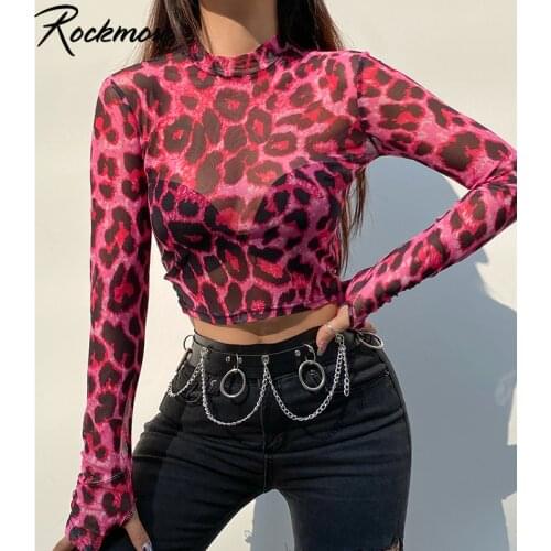 Rockmore Sexy Leopard Print Mesh Crop Tops Womens T Shirt O Neck Long Sleeve Tops Tees 90s Streetwear Pink See Through T Shirt