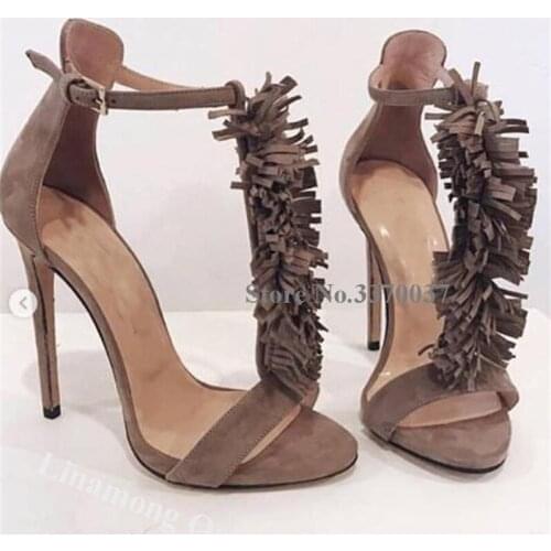 Linamong New Design Open Toe Suede Leather Tassels Stiletto Heel Gladiator Sandals Grey Fringes T-straps High Heel Sandals