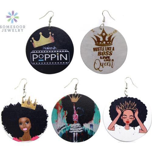 SOMESOOR Wholesale Printed Stronger Black Woman Wood Drop Earrings Afro Queen Crown Poppin African Dangle Jewelry For Lady Girl
