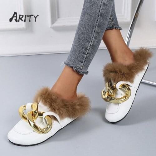 Arity Womens Mules Slippers Baotou Half Drag Metal Chain Winter Plush Warm Outdoor All-match Flat Slippers