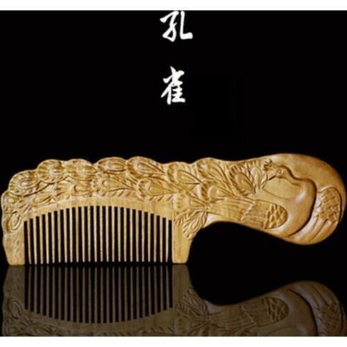 High Quality Wooden Comb Anti-static Massage Green Sandalwood Comb Handmade Peacock Hair Brush Wedding/ Birthday Gift