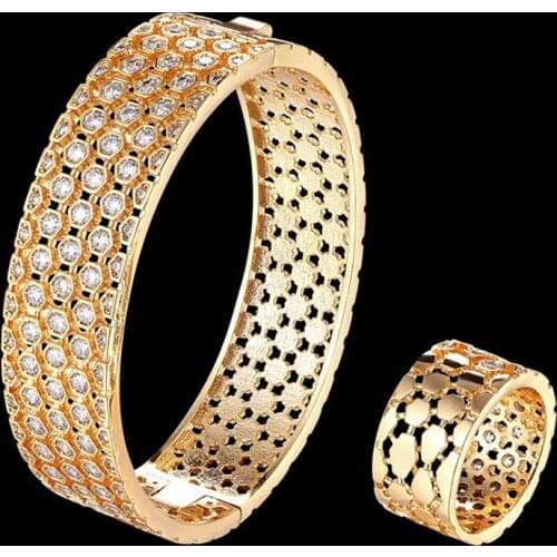 Zlxgirl jewelry brand full cubic zircon copper bangle and ring wedding jewelry set women new year bangle gifts