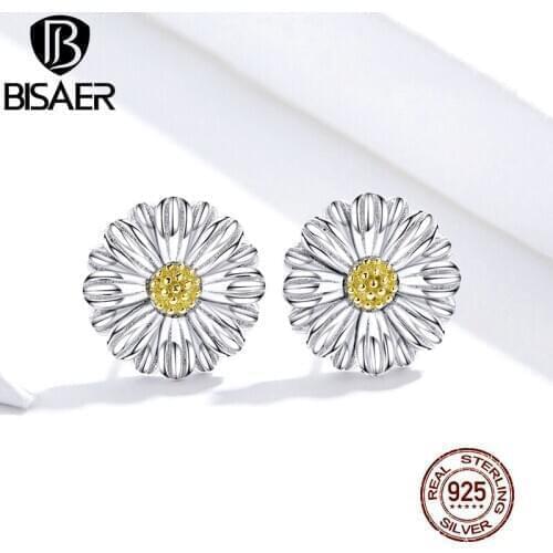 Daisy Flower BISAER Authentic 925 Sterling Silver Daisy Flowers Small Stud Earrings Stud for Women Fashion Silver Jewelry ECE774