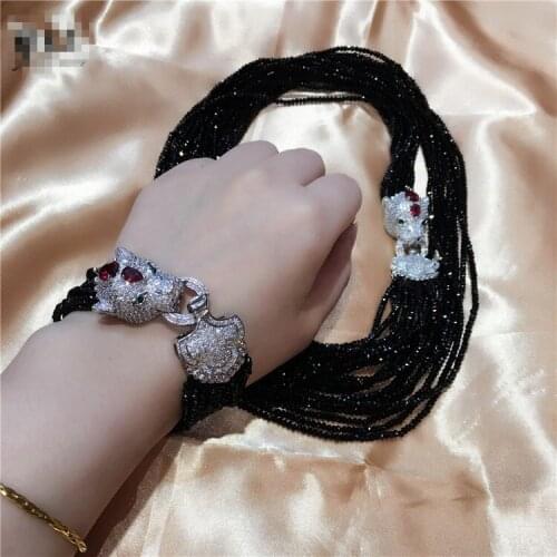 Womens Leopard head clasp DIY accessory black glass crystal necklace bracelet set welcome custom colors fashion jewelry