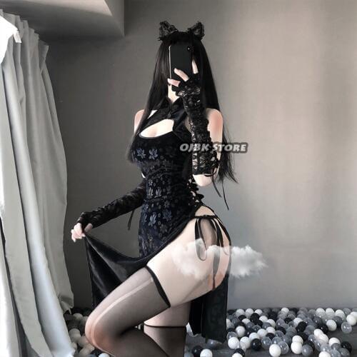 Paloli Black Cheongsam Sexy Cosplay Costume Erotic Anime Ladies Babydoll Dress Women Lace Devil Fancy Slim Fit Open Chest Outfit
