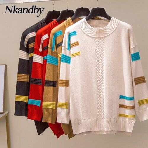 Nkandby Plus Size Split Spell Colork Sweaters Women 2021 Autumn Winter Knitted Pullover Jumpers Loose Big Knitwear Tops Female