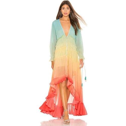 Womens Dresses Sexy Bohemian Hi-Lo Gradient Color Long Sleeves V Neck Women Summer Beach Gowns Casual Ladies Dress Ankle Length
