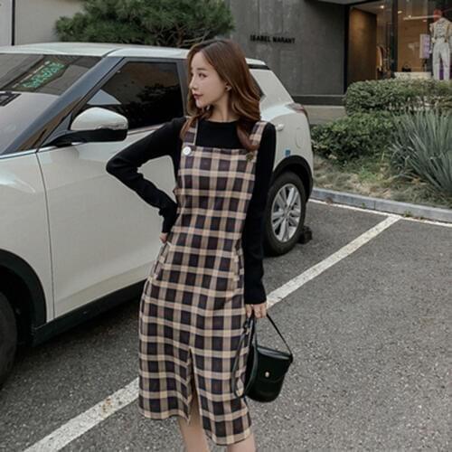 Vintage Woolen Dress Fall Winter 2019 Womens Strap Sarafan Dresses Casual Sleeveless Plaid Dress Female Vestidos