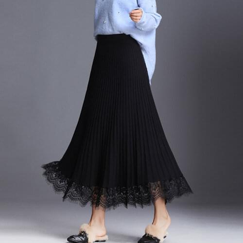 Winter Cashmere Blend A-line Rib Knitted Long Skirts Elegant Lace Patchwork Maxi Long Knit Skirts Gray Beige