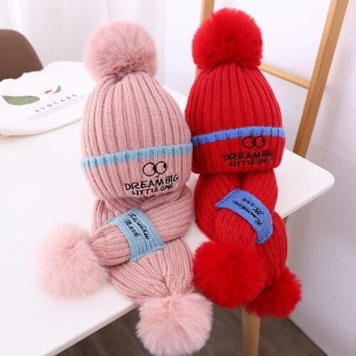 2021 Winter Fashion Letters Beanie Hats Girls Warm Knitted Cap with Scarf Sets Boys Outdoor Hat Kids Headwear Accessories 2-6Y