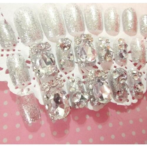 24 Pcs/Set Fashion Wedding Bride False Nail Tips Shining Rhinestone Women Ladies Fake Nails With Glue Sticker MPwell