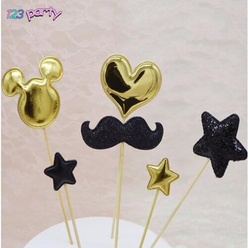 6pcs creative black gold stars beard birthday party flag banner cake decoration card baking supplies cake toppers birthday cake
