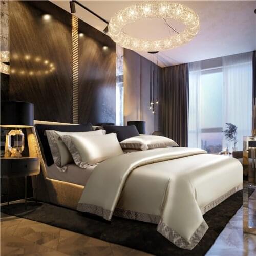 White Champagne Duvet Cover Bed Sheet Pillowcases Satin+Egyptian Cotton Bedding Set Luxury Rich Silk Silky Soft Wrinkle Free