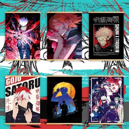 Home Decor Nordic Canvas Jujutsu Kaisen Role Anime Picture Print Wooden Scroll Hanging Painting For Living Room Wall Art Poster