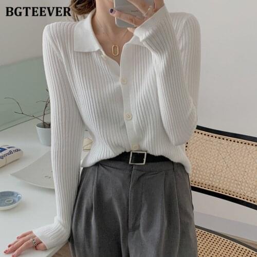 BGTEEVER Elegant Turn-down Collar Women Cardigans Sweaters Full Sleeve Single-breasted Short Female Knitted Tops 2021 Autumn