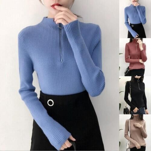 Solid Color T-Shirt for Women Autumn Winter Long Sleeve Base Top Shirts Women Half Zipper Mock Neck Slim Tshirt Women Knitwear
