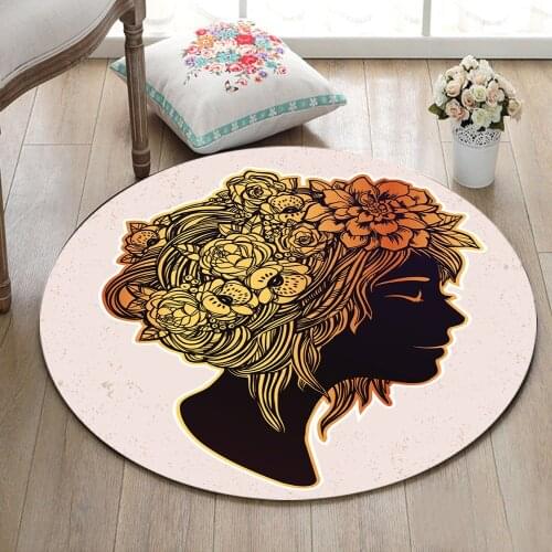 Flowers On The Black Woman Hair Round Home Living Room Carpet Bedroom Floor Area Rugs Bathroom Non-Slip Cushion Kitchen Door Mat