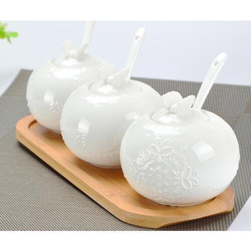 Kitchen Ceramic Spice Three-piece Set Wooden Tray Seasoning Jar Set Salt Jar Condiment Jar Kitchen Condiment Jar Set Salt Jar