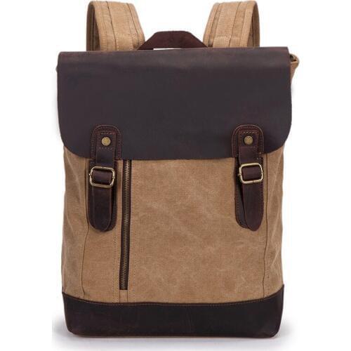 Mens Genuine Leather Cow Real Cowhide Washed Canvas Multi-Function Vintage Travel Backpack Tote School Bag Portable Carry Case