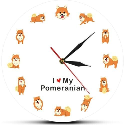 I Love My Pomeranian Dog Cartoon Style Modern Printed Wall CLock Spitz Puppy Nursery Animal Decor Wall Art Dog Breed Wall Watch