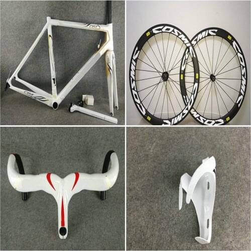 Customize C64 White Gold Bicycle Carbon Road Frame + 50mm Cosmic Carbon wheelset White Handlebar Bottle Cages
