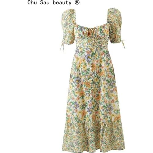 2021 New Summer Square Neck Puff Sleeve Vintage Pleated Floral Print Midi Dress Women