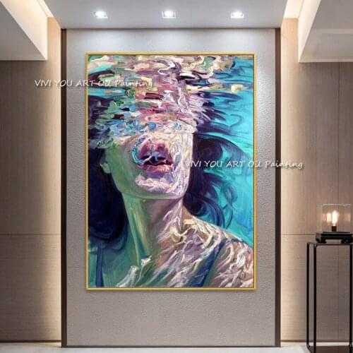The New Paintings Water Girl Hand Painted Modern Large Abstract Oil Painting Canvas Picture For Living Room Home Blue Decor