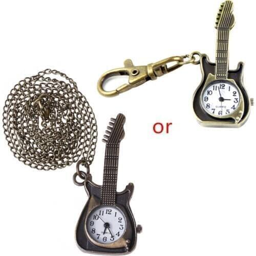Retro Unique Bronze Design Guitar Pocket Quartz Pendant Key Chain Watch new U2JF