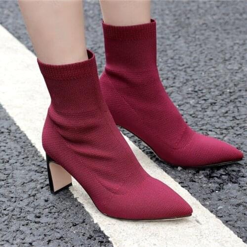 Sock Boots Women Stretch Knitting Square High Heel Ankle Boots Fashion Black Wine Red Pointed Toe Autumn Winter Ladies Shoes