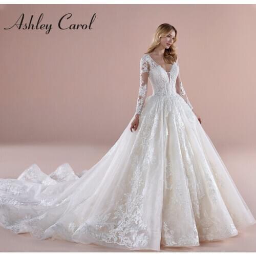 Ashley Carol Princess Wedding Dress 2020 Long Sleeve V-Neckline Bridal Gown Beading Lace Appliques Vintage A-Line Bride Dresses