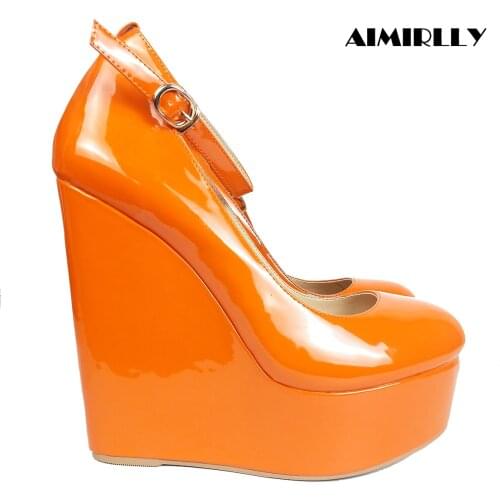Elegant Womens Pumps Wedge Heels Round Toe High Heels Platform Shoes Ladies Outdoor Clubwear Party Wear Ankle Strap Orange