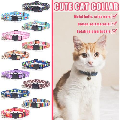 Jingle Cat Bell Collar Kitten Neck Hanging Sash Small Bell Collar Floral Dotted Striped Buckle Neckband Neck Band