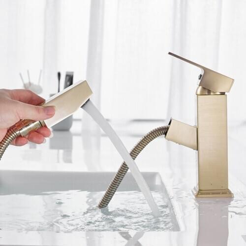 Pull Out Bathroom Faucet Bathroom Basin Faucet with Shower Head Water Mixer Sink Tap Single Handle Deck Mounted Brushed Gold Tap