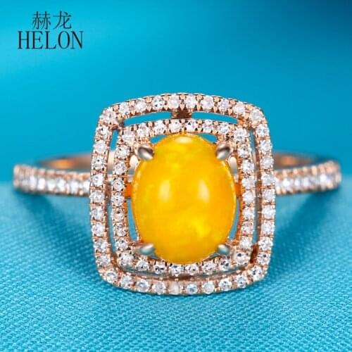 HELON Special! Solid 14K Rose Gold Flawless Oval 6x7mm Opal Diamond Women Trendy Fine Jewelry Engagement Halo Diamonds Ring