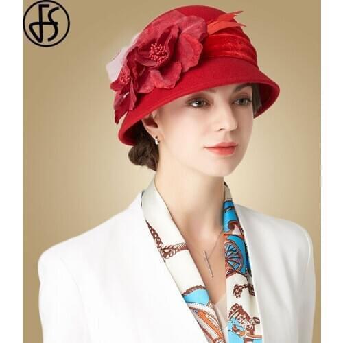 FS 2021 Winter Fedora Hats For Women Fashion Wide Brim Wool Felt Fedoras Hats With Flower Leather Wedding Hat Cloche Bowler Caps
