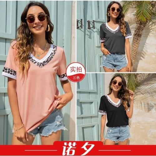 Summer T Shirt Women 2021 New Contracted v-neck Color Matching Leopard Grain short-sleeved t-shirts Harajuku Tshirt LHX1058