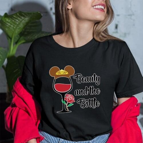 Short Sleeve Women T-shirts Summer Comfortable Pattern Dropship Tshirts Black Tees Disney Belle Beauty And The Beast Print Cute