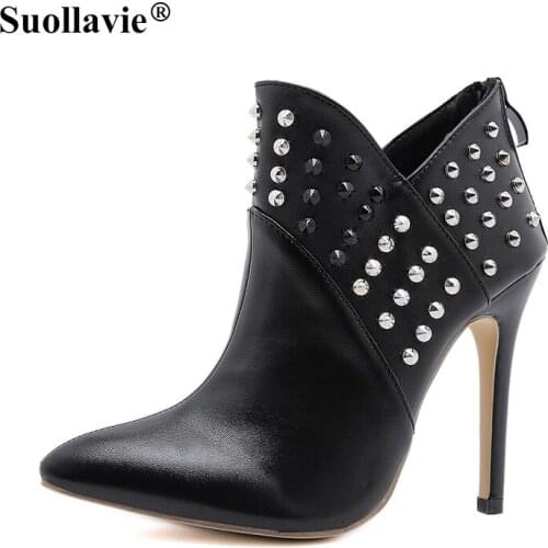 Suollavie New Black Ankle Zipper Short Boots Women Pointed Toe Rivet Metal Decoration Thin Heels Autumn Sexy Booties Shoes