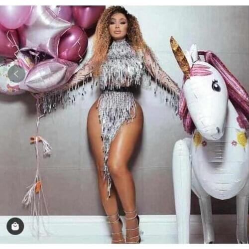 Flashing Silver Sequins Fringe Short Dress Women Dancer DS Show High-collar Outfit Birthday Long Sleeves Dress