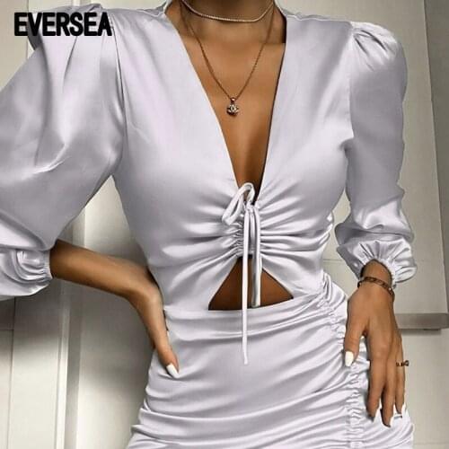 Eversea Elegant Night Club Black Or White Dress Irregular V Collraed Long Sleeve Wrinkle Design One Piece