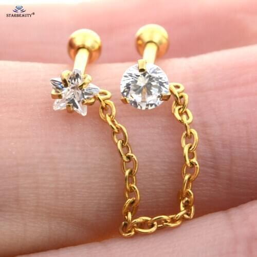 1.2*6mm New Round White Gem Star Tragus Piercing Helix Piercing Cartilage Earrings Stainless Steel Tassel Nose Ring Ear Piercing