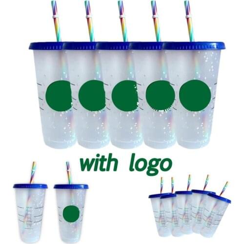 1/5PCS Straw Cup With Logo And Scale Reusable Colour Cup Magical Plastic Cold Water Color Changing Cup Tumbler Discoloration
