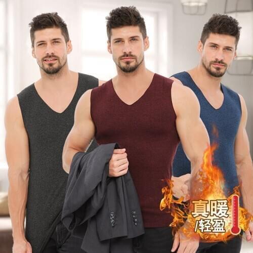 2pcs Muscle Shirt Mens V-neck Thermal Undershirts Solid Base Mens Warm Seamless Slimming Sleeveless Add Velvet Thickening Inner