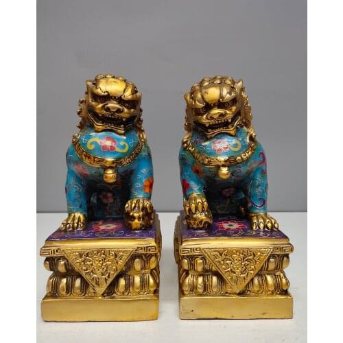8" Tibet Buddhism Old bronze Cloisonne Enamel Guardian lion statue A pair Lucky Decoration Ward off evil spirits Town House