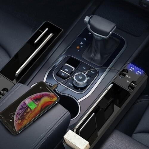 Car Storage Box Dual USB Ports Armrest Car Seat Gap Organizer Pocket with Retractable USB Charging Cables + 2 USB Ports
