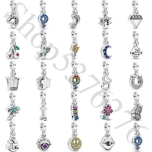 Real 925 Sterling Silver Bead Moon Flower Crown Tree Note Smile Charm Fit Fashion Women Pan Me Bracelet Bangle DIY Jewelry