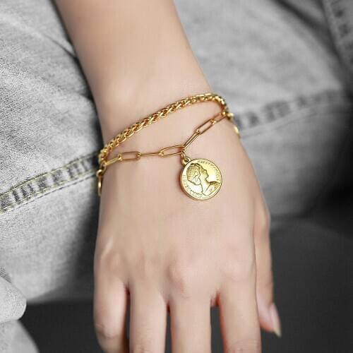Bracelets for Women Layered Gold Color Stainless Steel Elizabeth Coin Charms Wheat Paperclip Chain Name Engraving Tag LDB300